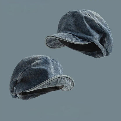 Women's denim beret hat, a blue boho-style accessory. Perfect for a casual, vintage-inspired fashion look.