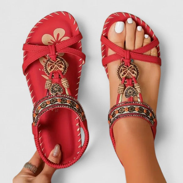 Women's boho embroidered flat sandals, perfect for summer fashion and casual wear.