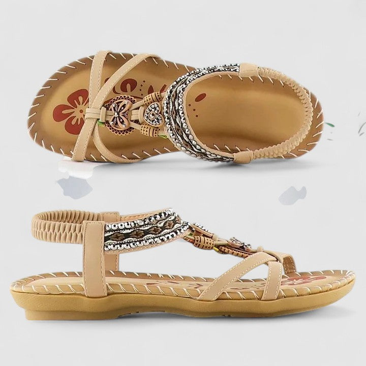 Bohemian women's flat sandals with colorful embroidery, perfect for summer casual & holiday.