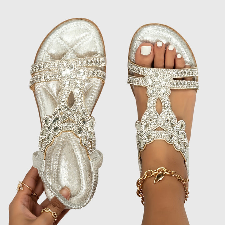 Summer flat sandals for women, boho design with rhinestone embellishments, vacation-ready.