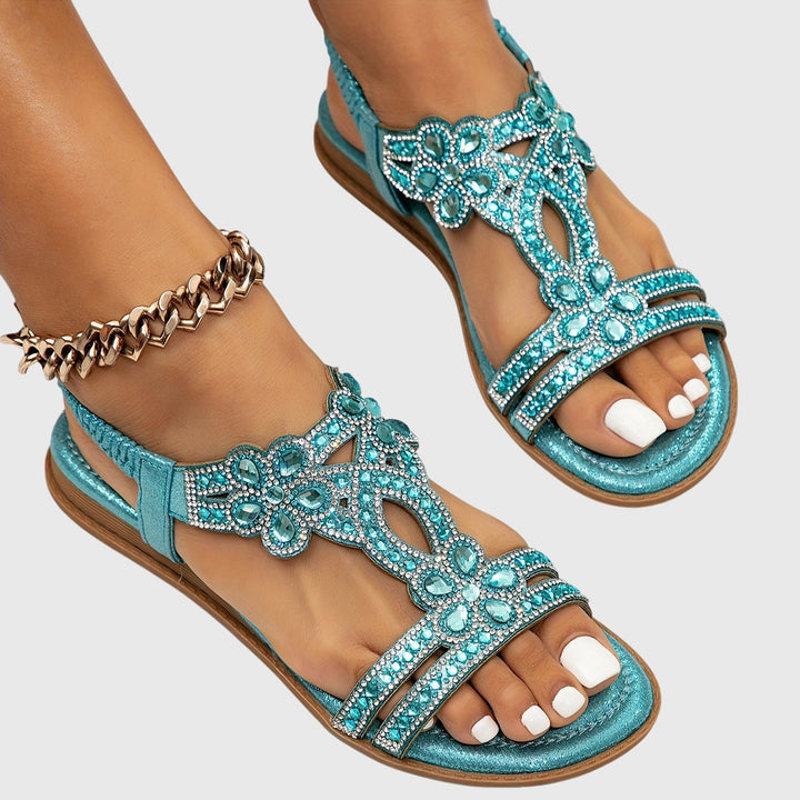 Sparkling rhinestone flat sandals, women's embellished summer shoes for boho vacation style.