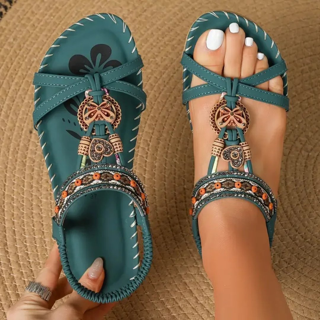 Women's Boho Flat T-Strap Orthopedic Sandals for summer comfort & foot support.
