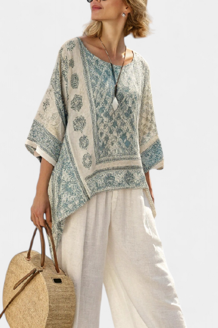 Relaxed fit women's boho floral batwing blouse & wide leg pant set, ideal for vacation wear & spring fashion.