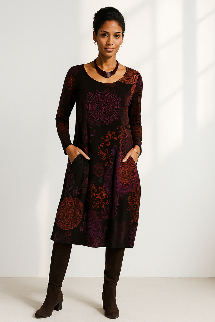 Women's boho floral midi dress with elegant long sleeves, perfect for day wear or garden parties.