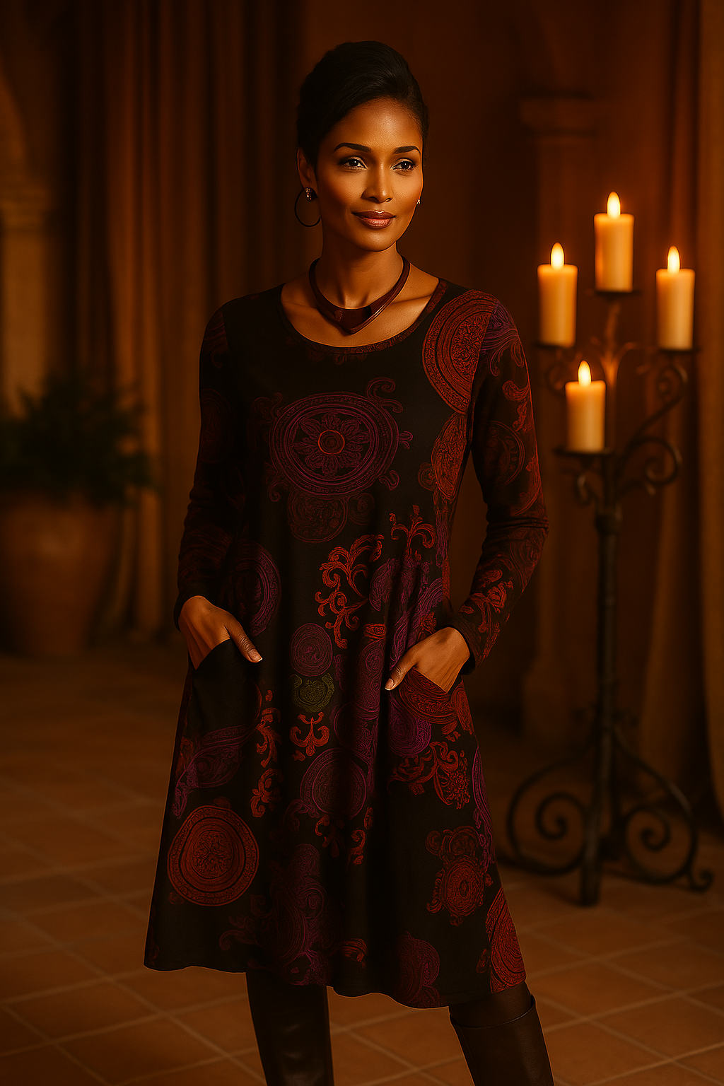 Elegant women's boho floral print midi dress featuring comfortable long sleeves & flowy silhouette.