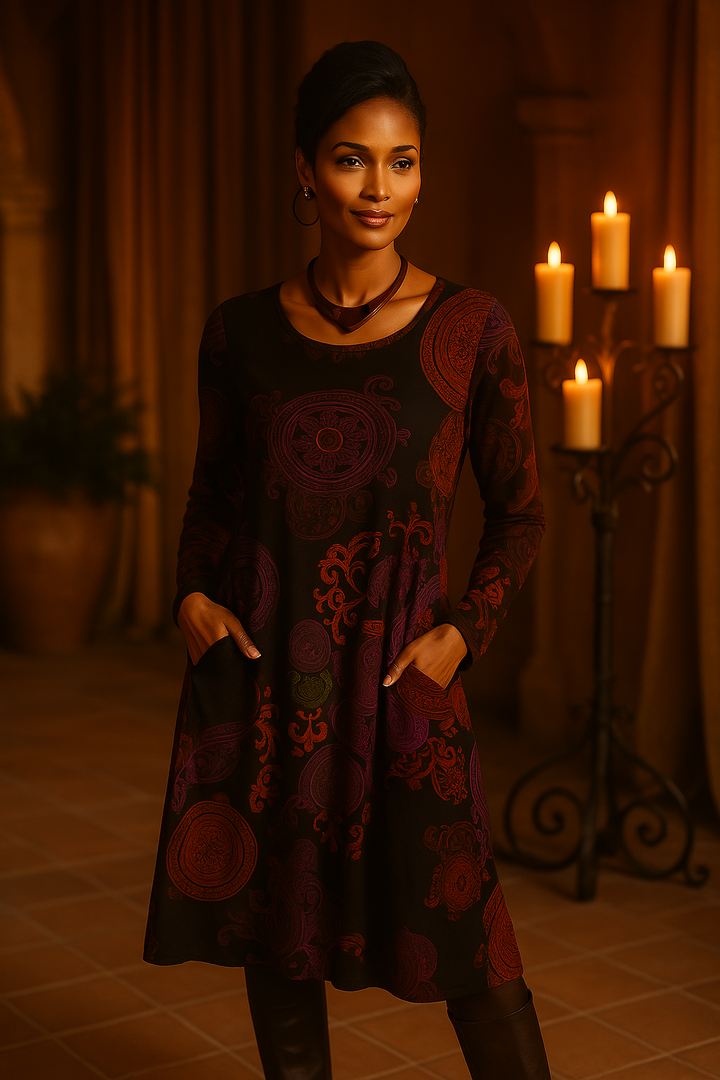 Elegant women's boho floral print midi dress featuring comfortable long sleeves & flowy silhouette.