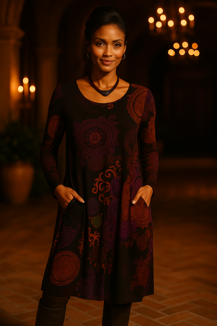 Stylish women's long sleeve boho floral midi dress, ideal for brunch, day events & elegant fashion.