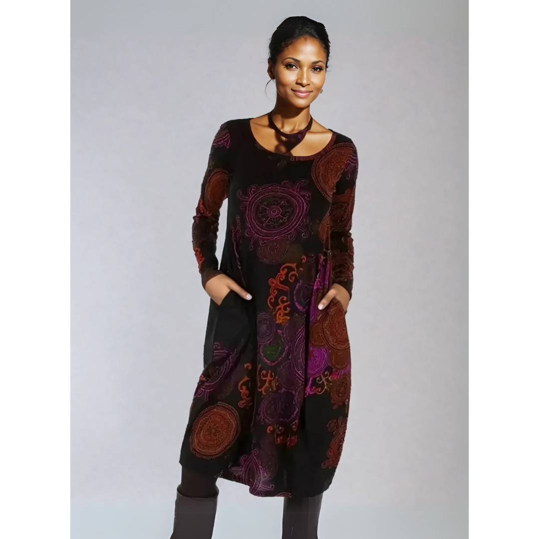 Chic women's boho floral long sleeve midi dress, exuding bohemian charm & elegant fashion appeal.