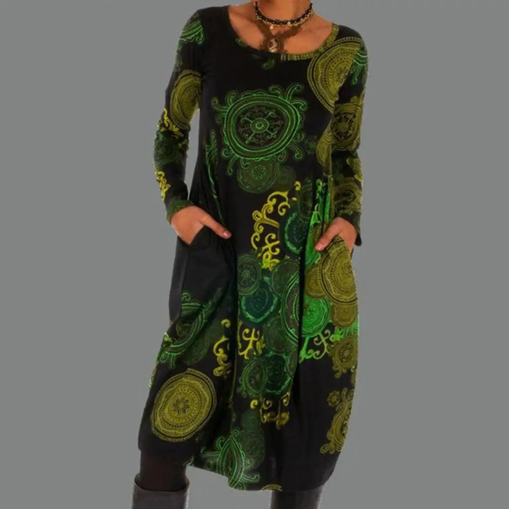 Flowy women's boho floral print long sleeve midi dress, a versatile piece for elegant everyday fashion.
