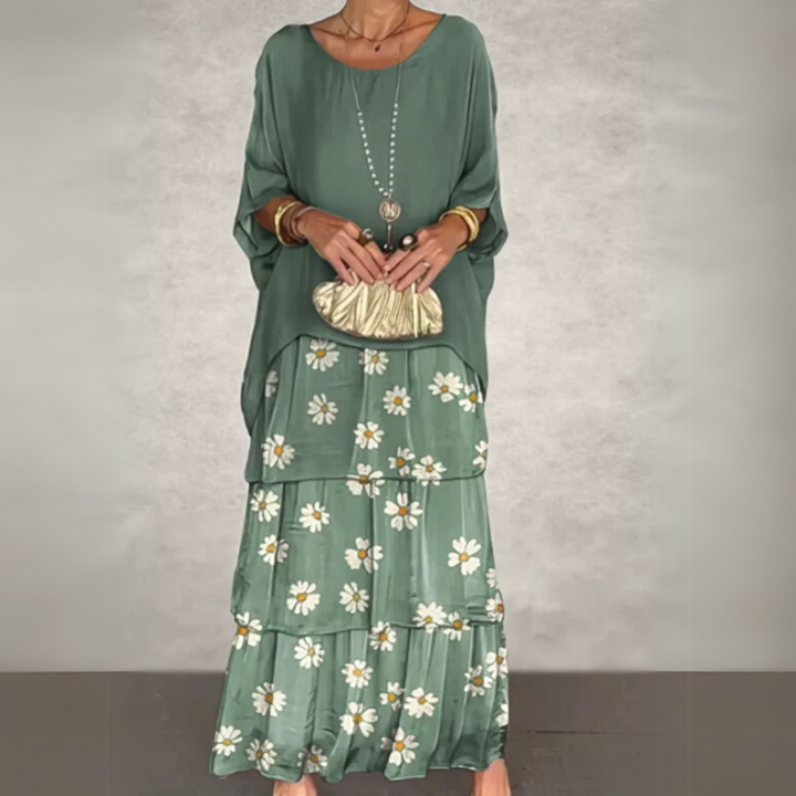 Bohemian women's flowy maxi dress set; a chic two-piece outfit perfect for summer vacations.