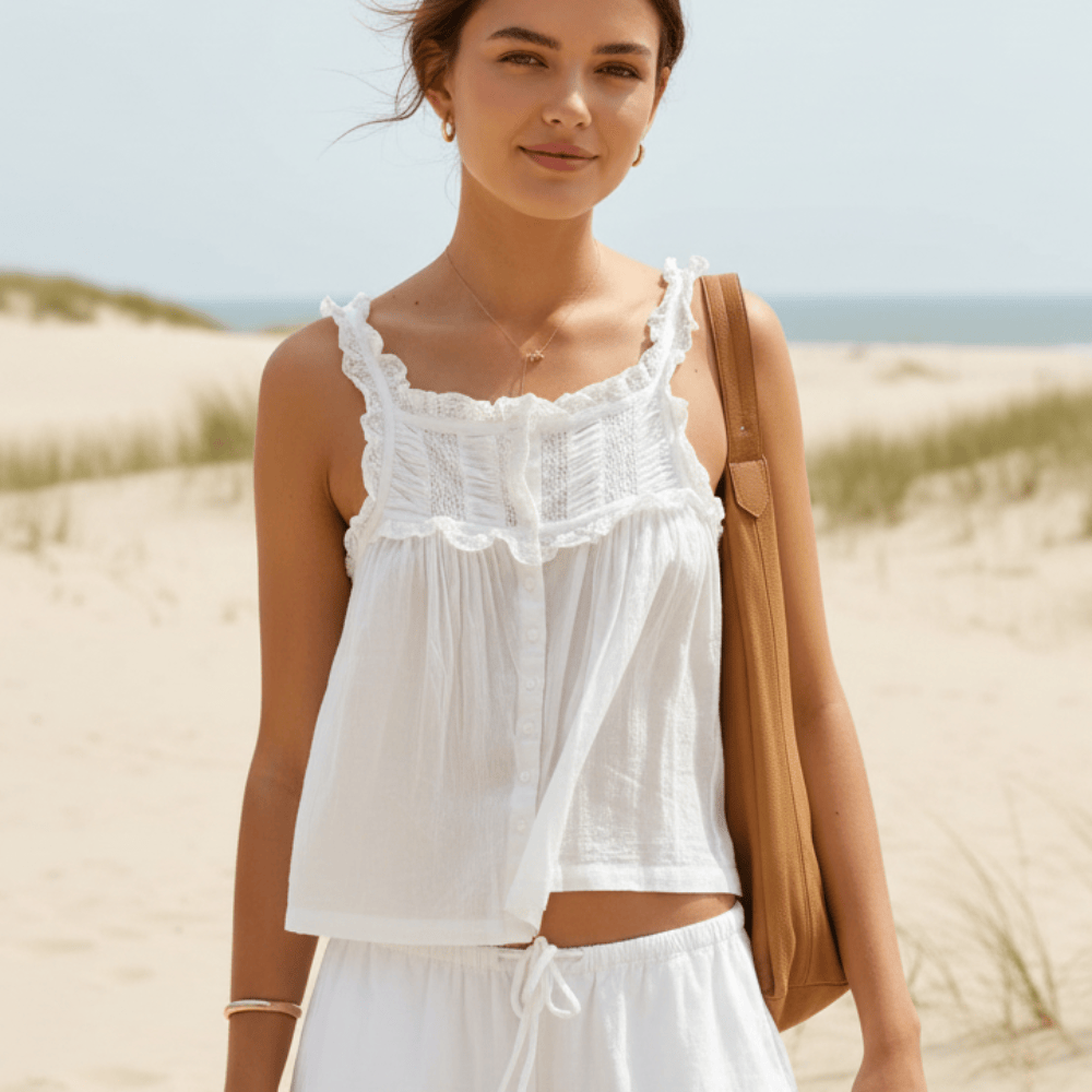 Women's boho lace trim crop top camisole with ruffles, perfect for festivals, summer, or beachwear.