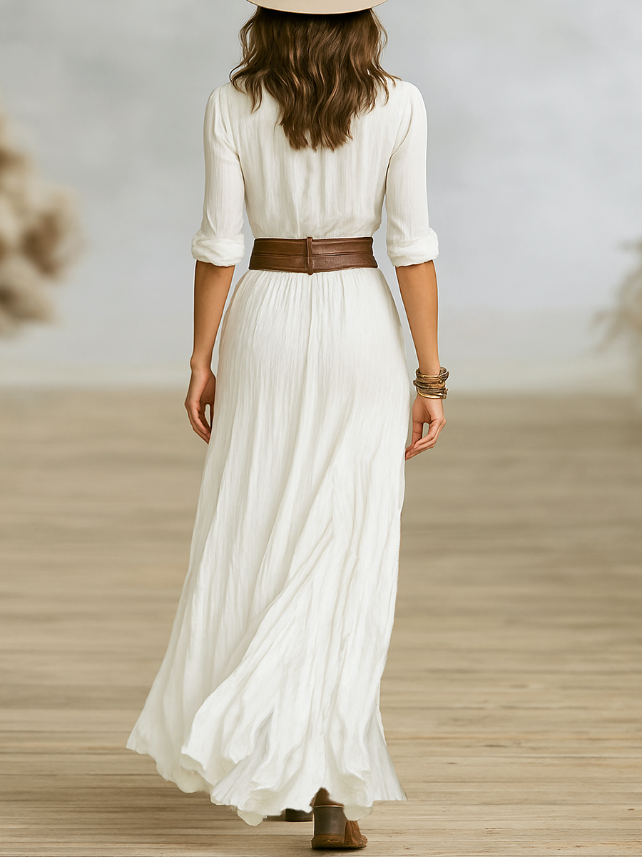 Women's belted boho maxi dress, long sleeve, split, and flowy for a comfortable casual summer look.