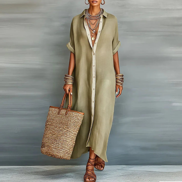 Women's boho maxi shirt dress with contrast print, elegant and flowing, perfect for summer vacation.