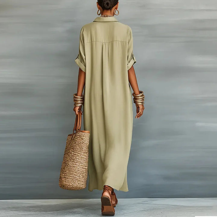 Casual women's short sleeve boho maxi shirt dress with contrast print, button front, ideal for beach or summer.