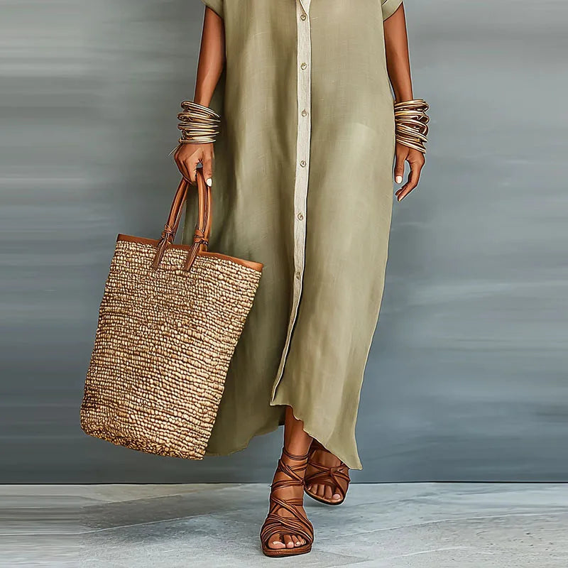 Stylish women's boho maxi shirt dress, contrast print, versatile for casual wear, vacation, or beach days.