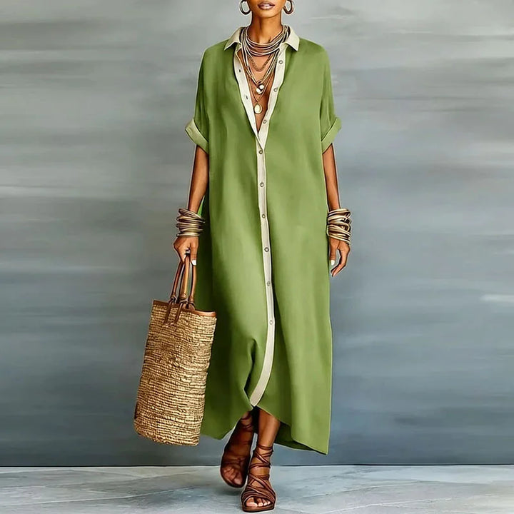 Trendy women's summer boho maxi shirt dress, featuring a unique contrast print & flowing silhouette.