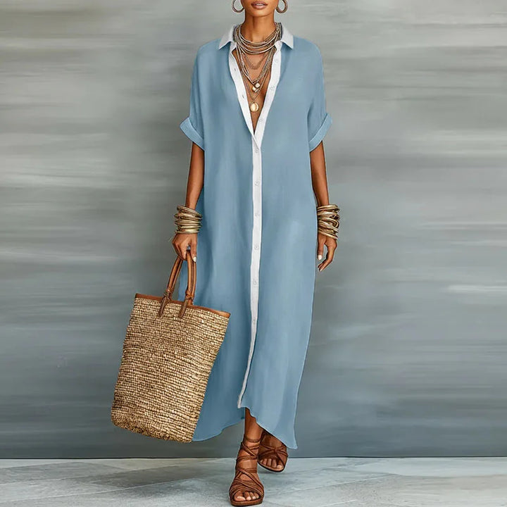 Relaxed fit women's boho maxi dress with contrast print, short sleeves, perfect casual elegant summer look.