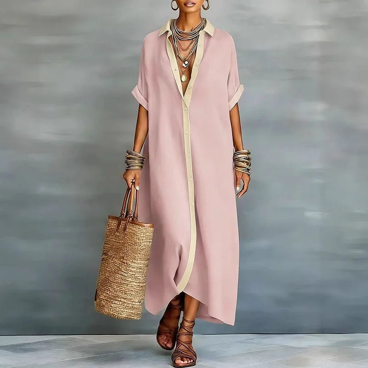 Light & airy women's boho maxi shirt dress, contrast print, ideal vacation, beach, or casual summer outing.