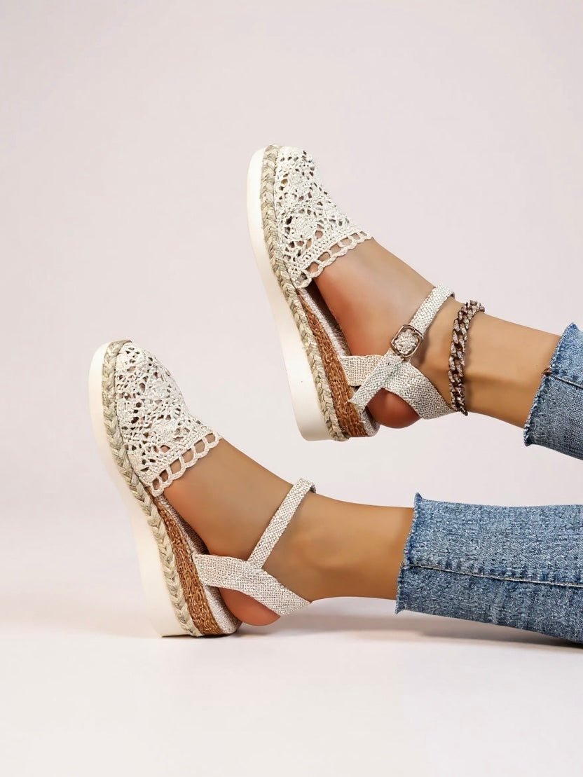 Summer-ready women's bohemian espadrille sandals. Platform flatform design with ankle strap for beach style.