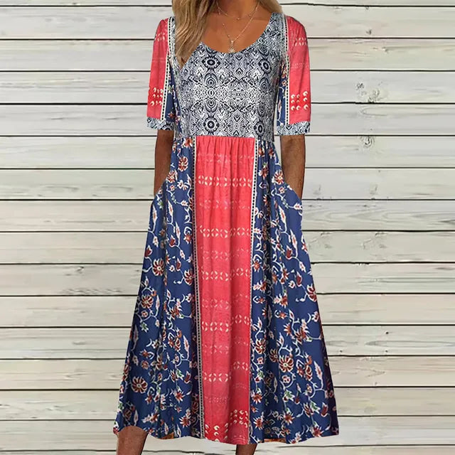 Model wearing a women's boho print midi dress with side pockets, showcasing its flowy design and casual summer fashion appeal.