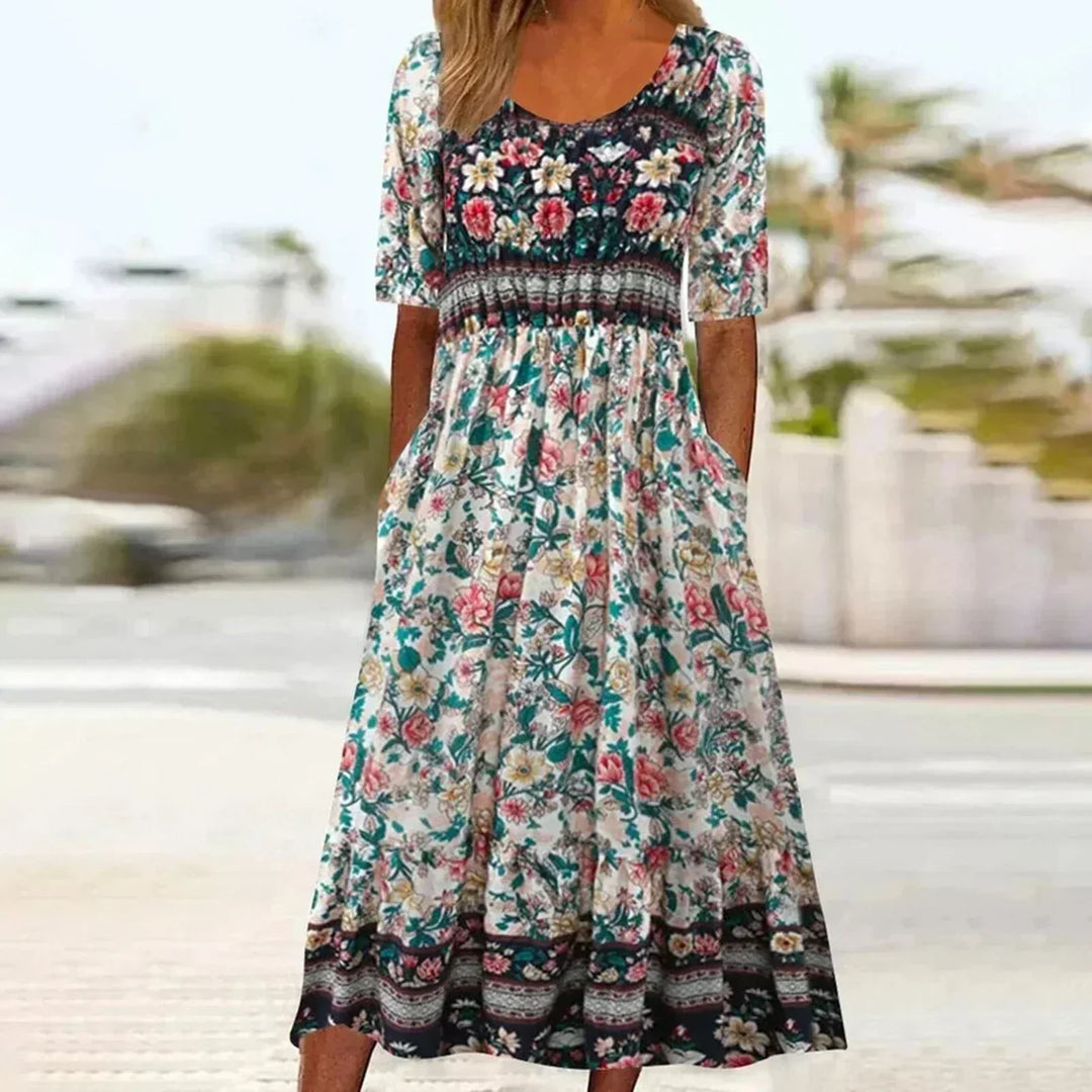 Plus size women's boho print midi dress with side pockets, a comfortable and stylish option for summer bohemian fashion.