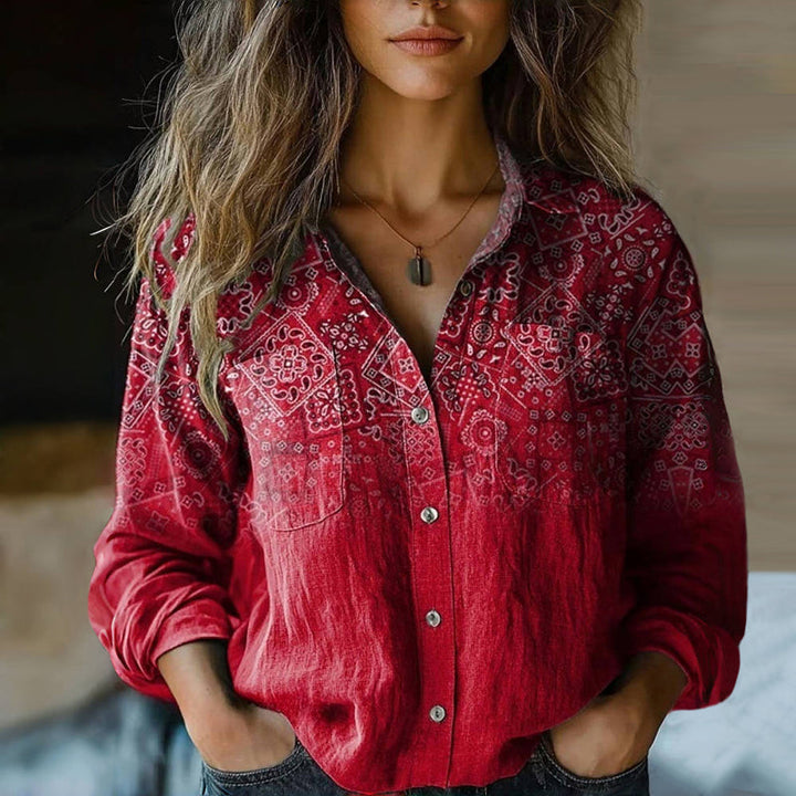 Women's boho printed long sleeve shirt. Relaxed fit casual blouse with vintage-inspired floral print, everyday style.