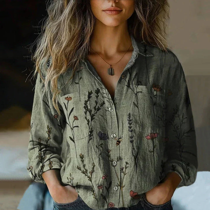 Bohemian fashion long sleeve button-up blouse for women. Floral print, relaxed fit for casual everyday style.
