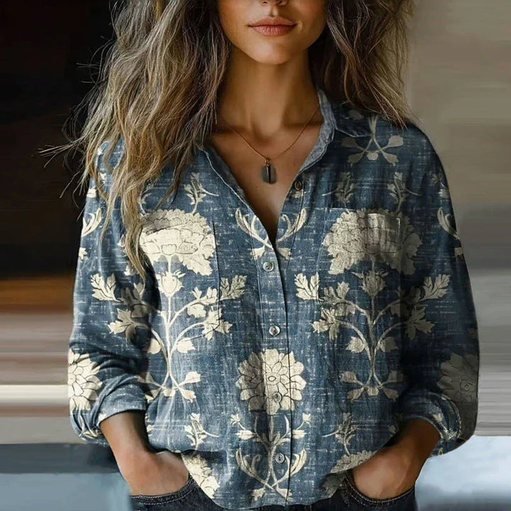 Vintage-inspired floral boho print long sleeve shirt. Women's casual blouse with relaxed fit for everyday comfort.