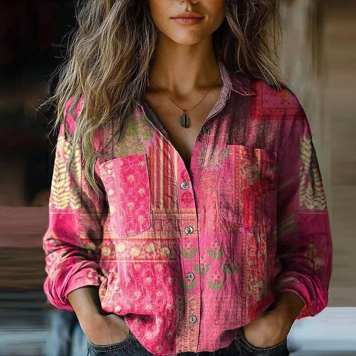 Women's long sleeve boho print blouse. Button-up floral shirt, perfect for everyday casual or bohemian fashion.