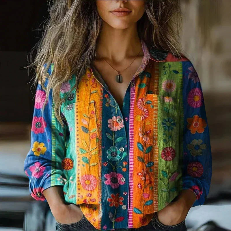 Casual women's long sleeve shirt with an elegant boho floral print. Relaxed fit, button-up design for everyday wear.