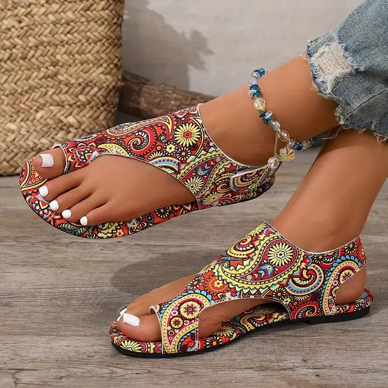 Boho open-toe slingback flats for women, featuring a vibrant mosaic print, perfect for summer.