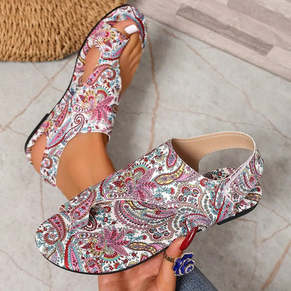 Comfortable women's boho slingback flats with mandala print, open toe, and easy slip-on style.