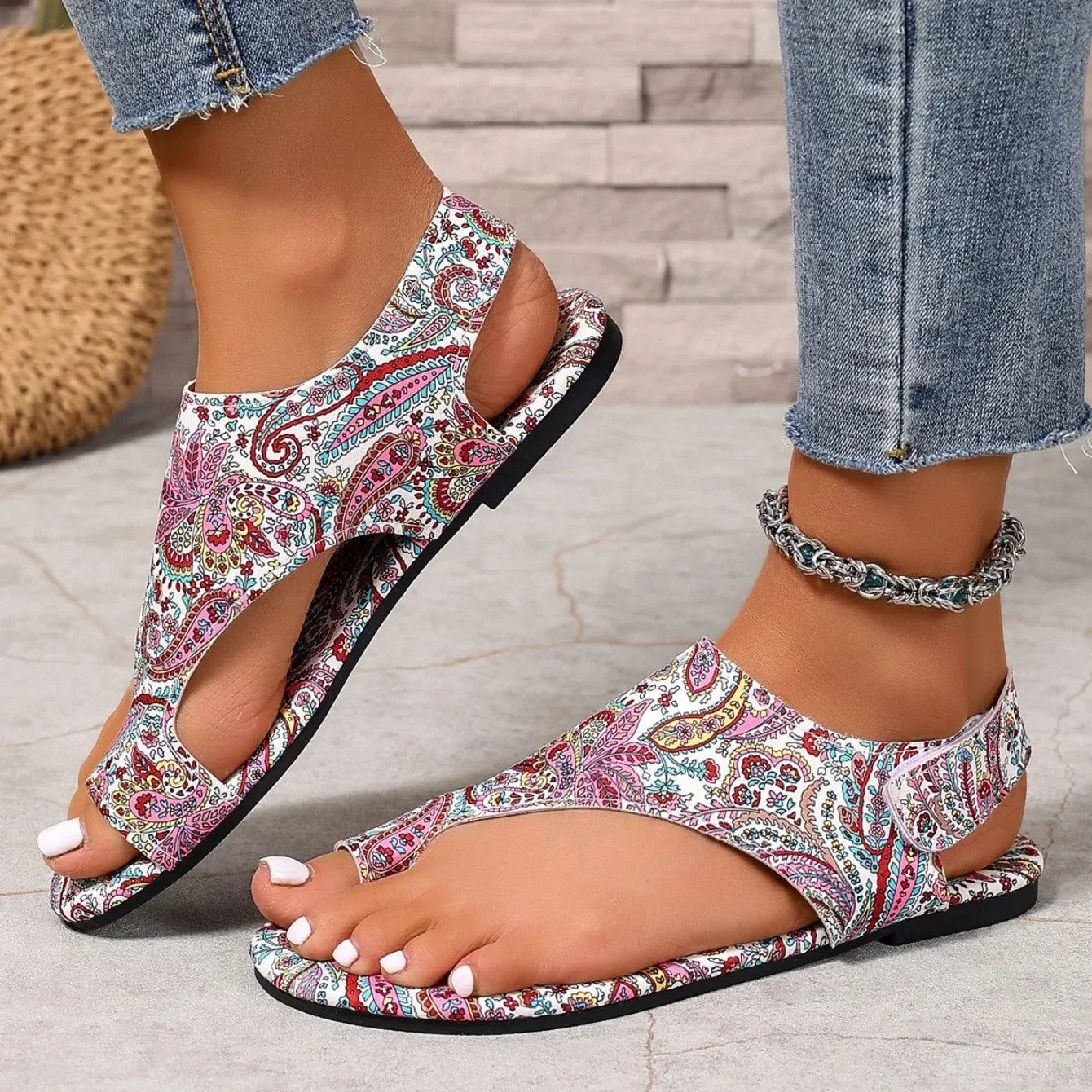 Vibrant mosaic print slingback flats for women. Boho open-toe design with ultimate cushioned comfort.