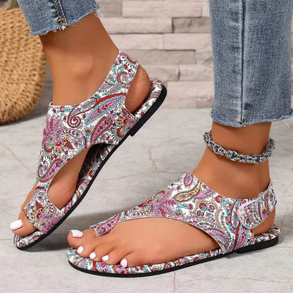 Vibrant mosaic print slingback flats for women. Boho open-toe design with ultimate cushioned comfort.