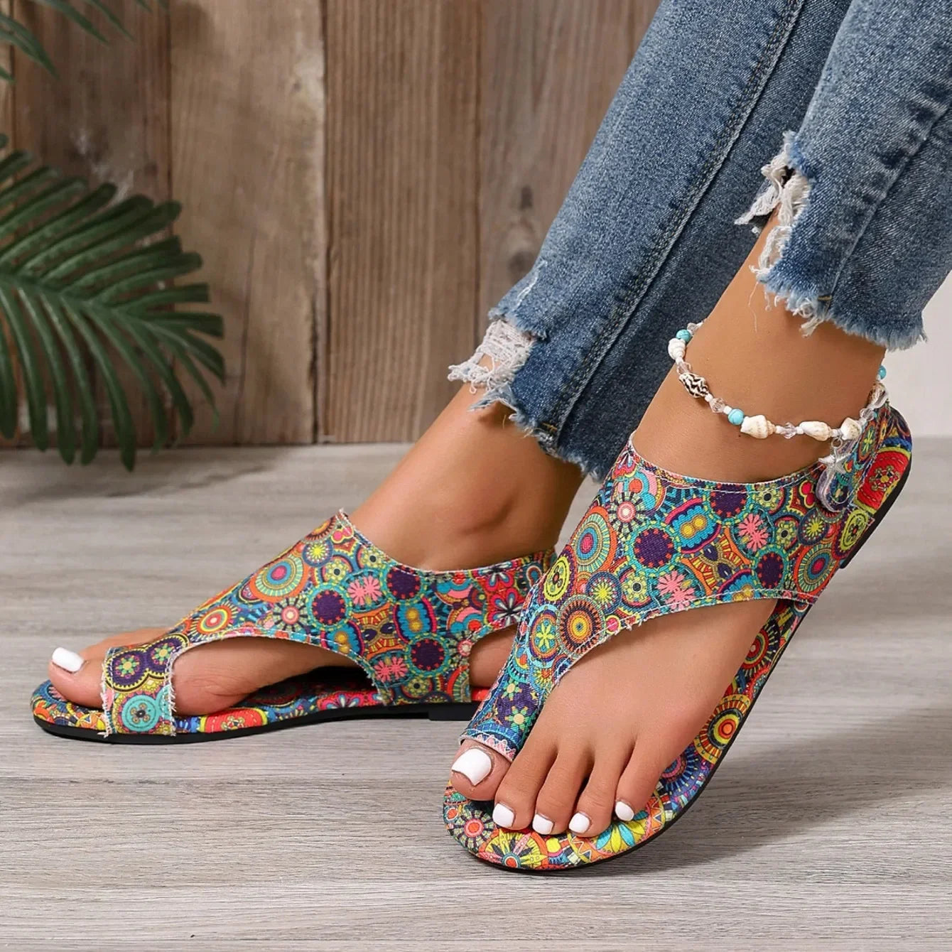 Women's Boho Slingback Flats: comfortable, open-toe, slip-on, with a vibrant mosaic print for summer.