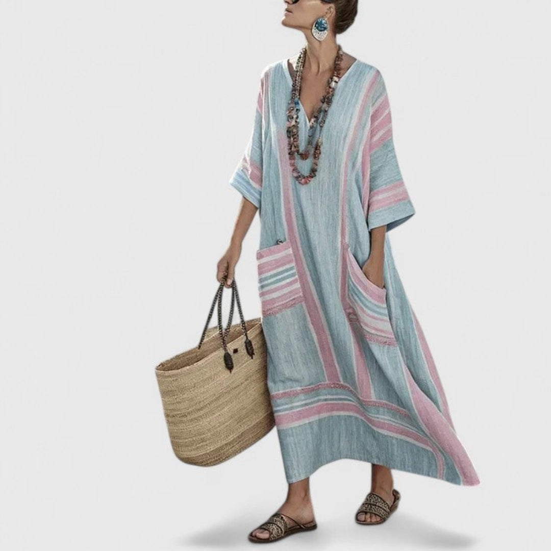 Bohemian striped women's maxi dress, V-neck, loose kaftan fit, with convenient pockets, excellent for summer style.