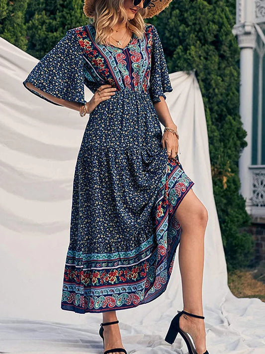 Women's boho summer elegance dress, flowy V-neck short sleeve print for casual wear.