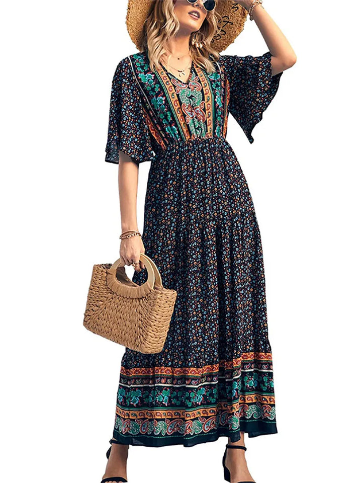 Comfortable women's boho summer dress, flowy print, V-neck, ideal for vacation, beach, or casual.