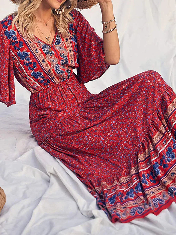 Casual women's boho summer dress, a stylish V-neck print perfect for vacation & beach wear.
