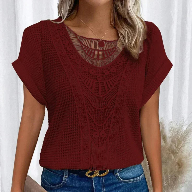 Comfortable women's relaxed fit boho top, short sleeve, featuring elegant crochet detailing.