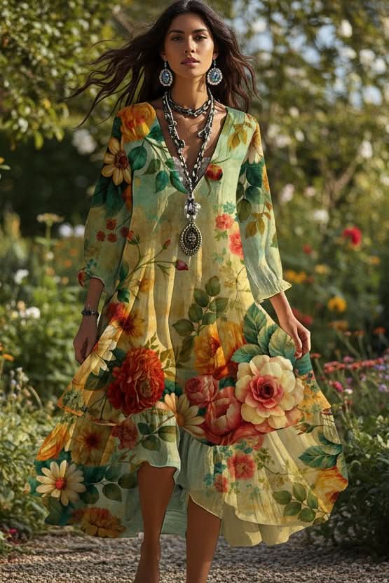 Women's Boho Vintage Maxi Dress with flowing fabric, perfect for summer casual wear or vacation.