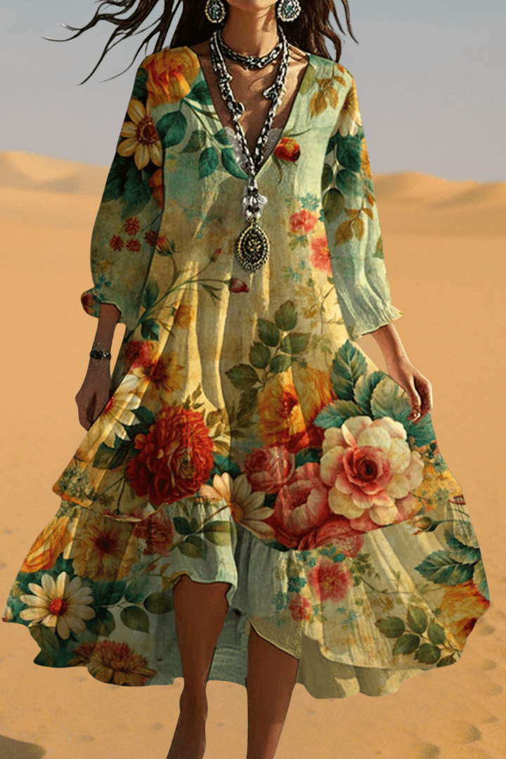 Relaxed fit women's flowing vintage maxi dress, ideal for summer, vacation, or casual day-to-night elegance.
