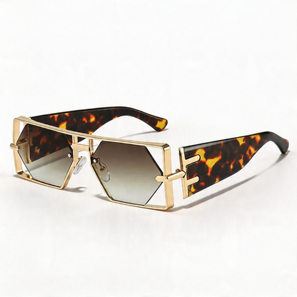 Modern women's bold aviator sunglasses, gold frame eyewear providing excellent UV protection and fashion.