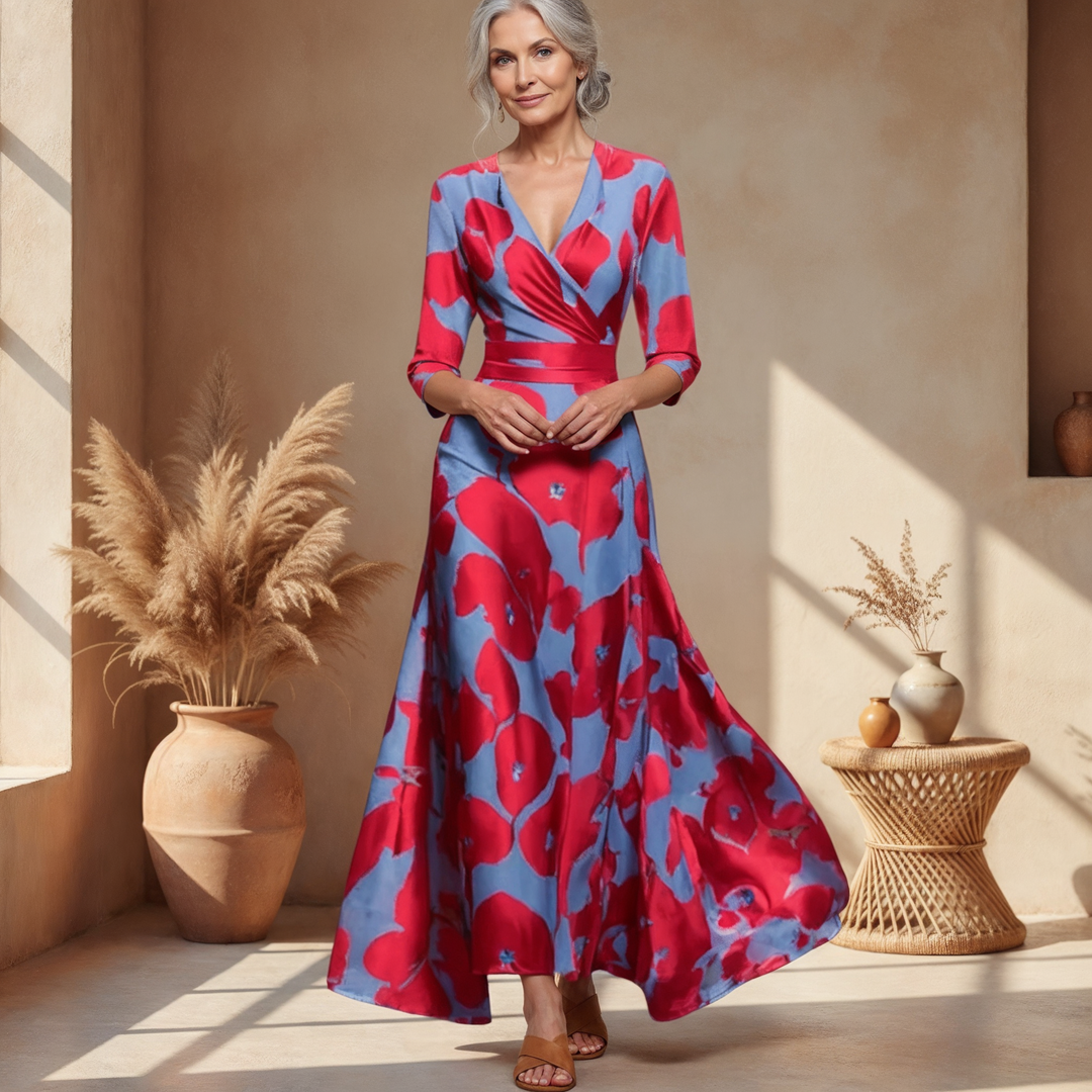 Women's bold floral print wrap V-neck flowy maxi dress, perfect for summer parties & wedding guests.