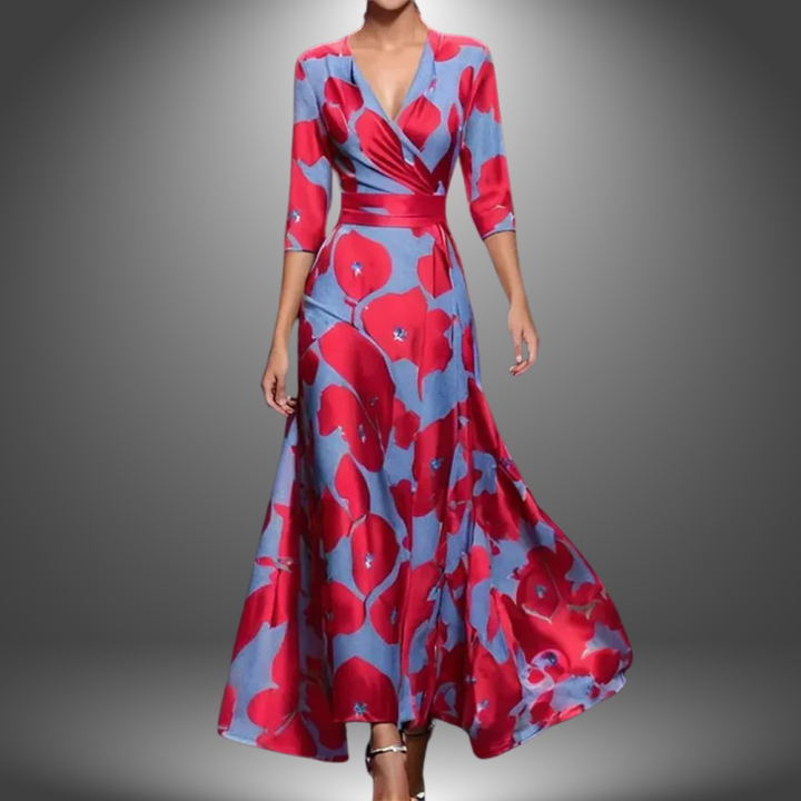 Elegant women's flowy maxi dress with a bold floral print, wrap V-neck, and comfortable silhouette.