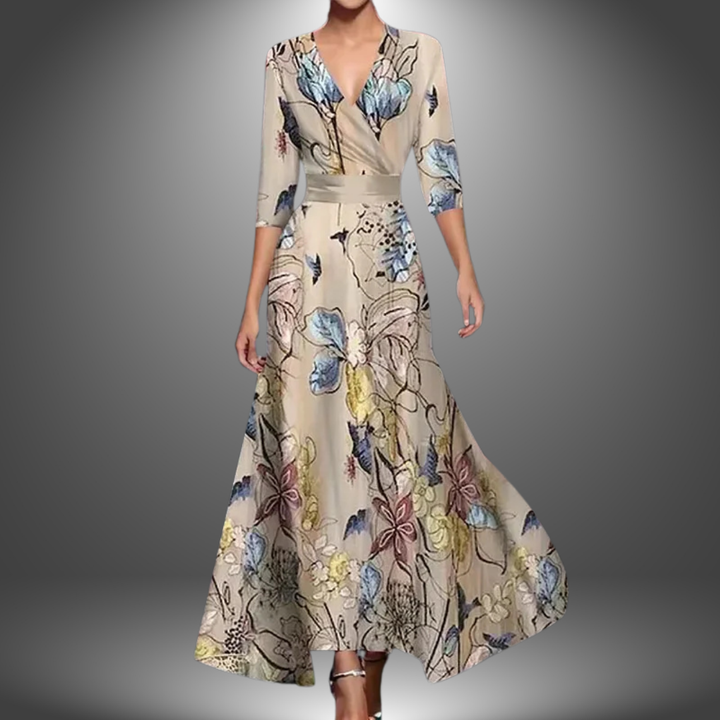 Women's vibrant floral wrap V-neck maxi dress, ideal for evening events, galas, and special occasions.