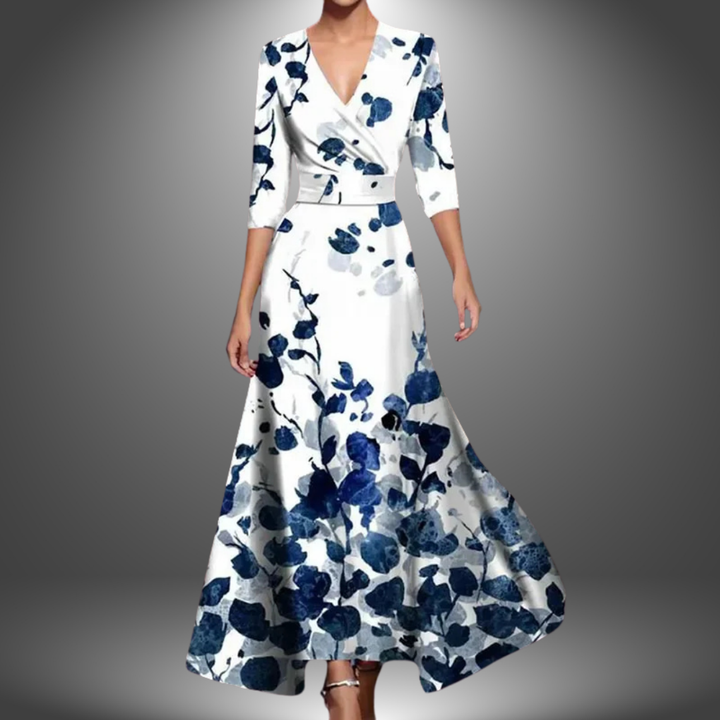 Stylish women's bold floral print flowy maxi dress, a comfortable wrap V-neck for summer elegance.