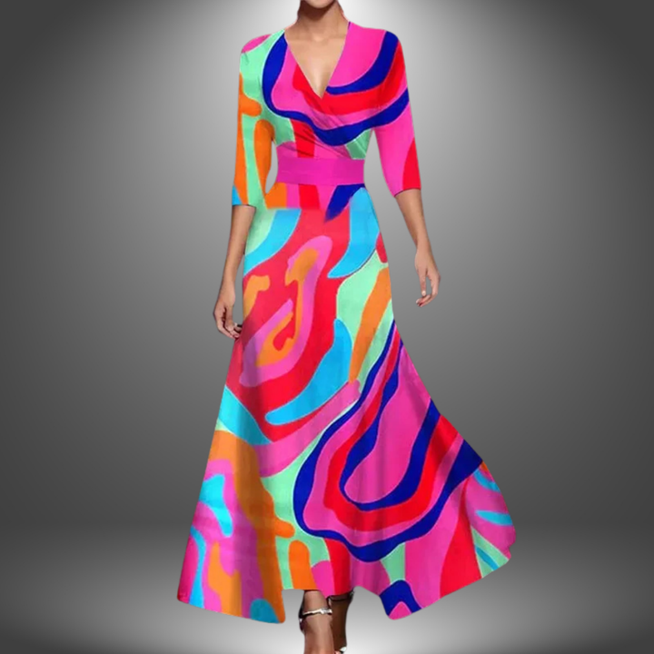 Stunning women's bold floral maxi wrap dress with a V-neck, suitable for parties and formal occasions.