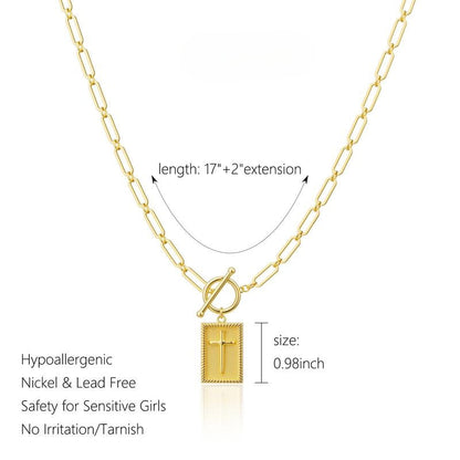 Trendy women's gold cross pendant necklace with a thick paperclip chain. A unique and fashionable statement piece.