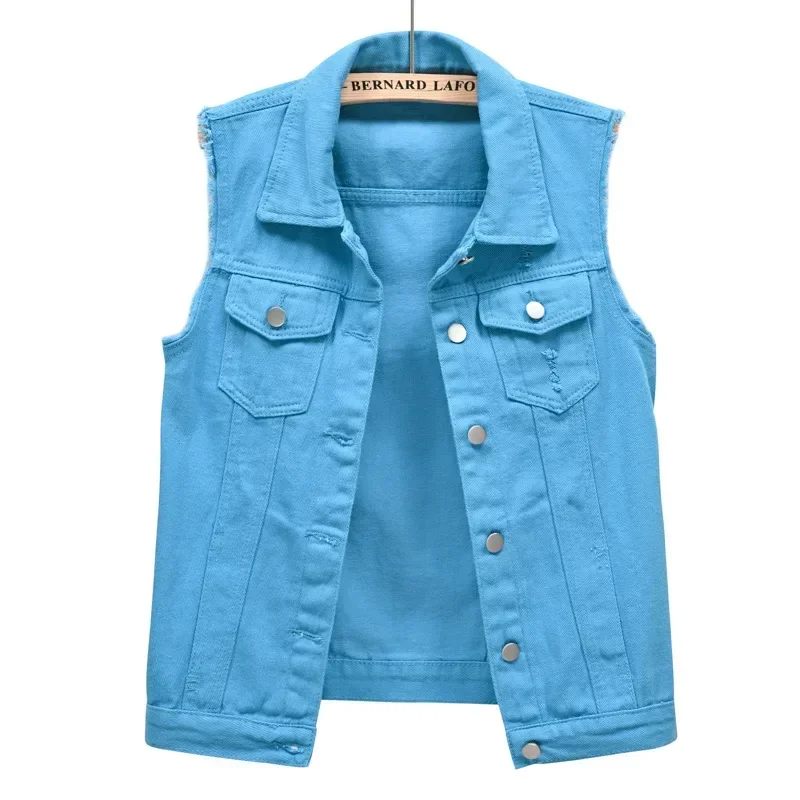 Red denim vest for women, offering a bold and colorful outerwear option.